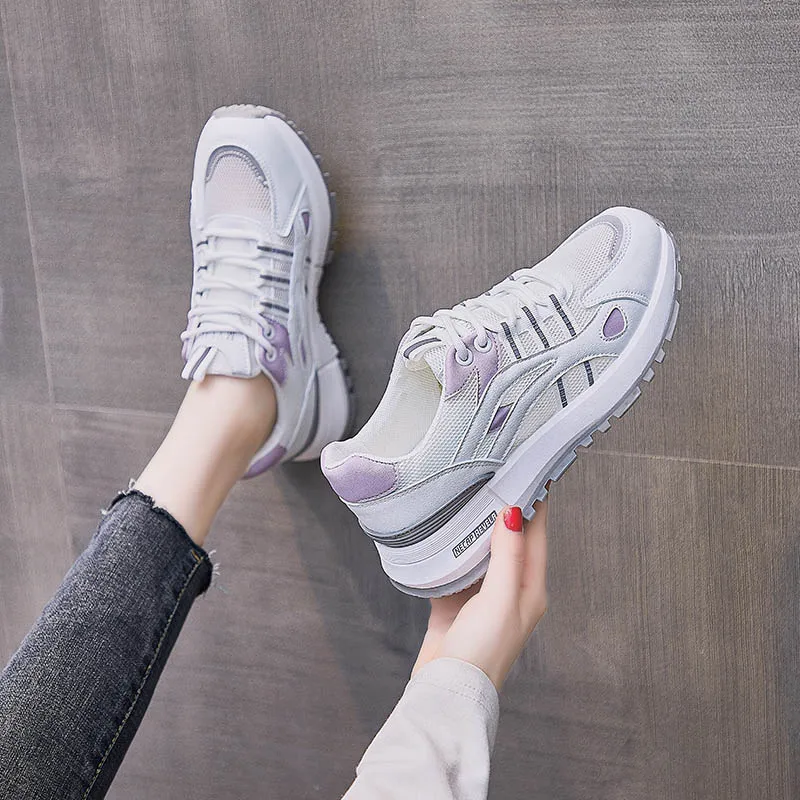 

Женские кроссовки на шнуровке, белые дышащие кроссовки на толстой вулканизированной подошве, Нескользящие удобные сетчатые кроссовки для ...