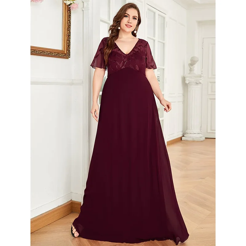 2023 Plus Size 4XL5XL Chiffon Wine Red Banquet Party Dress Plus Size V Neck Short Sleeves Maxi Chiffon Dresses