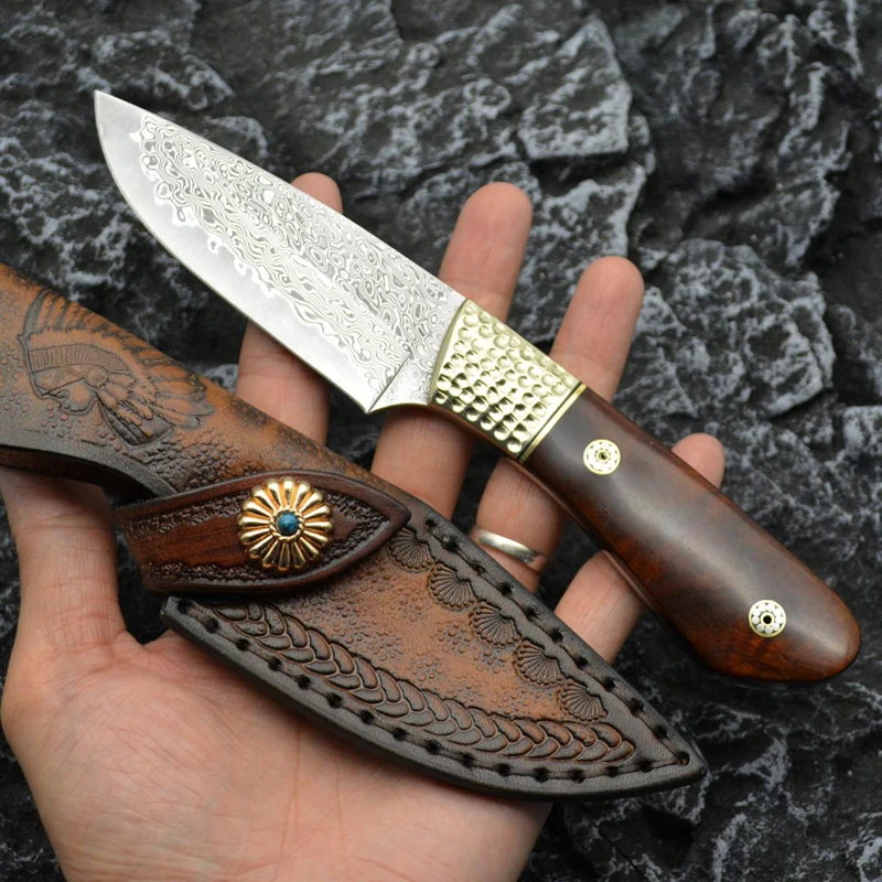 VG10 Damascus Fixed Blade Outdoor Knife Full Tang Tactical Hunting Camping Survival Knives High-grade Portable Wood Handle