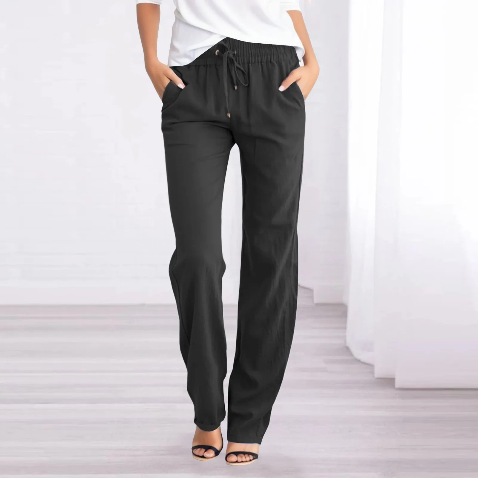 

Hot Sale Loose Drawstring Women's Pants Wide-Leg High Waist Trousers Women Korean Solid Pocket Female Stretch Straight Pants