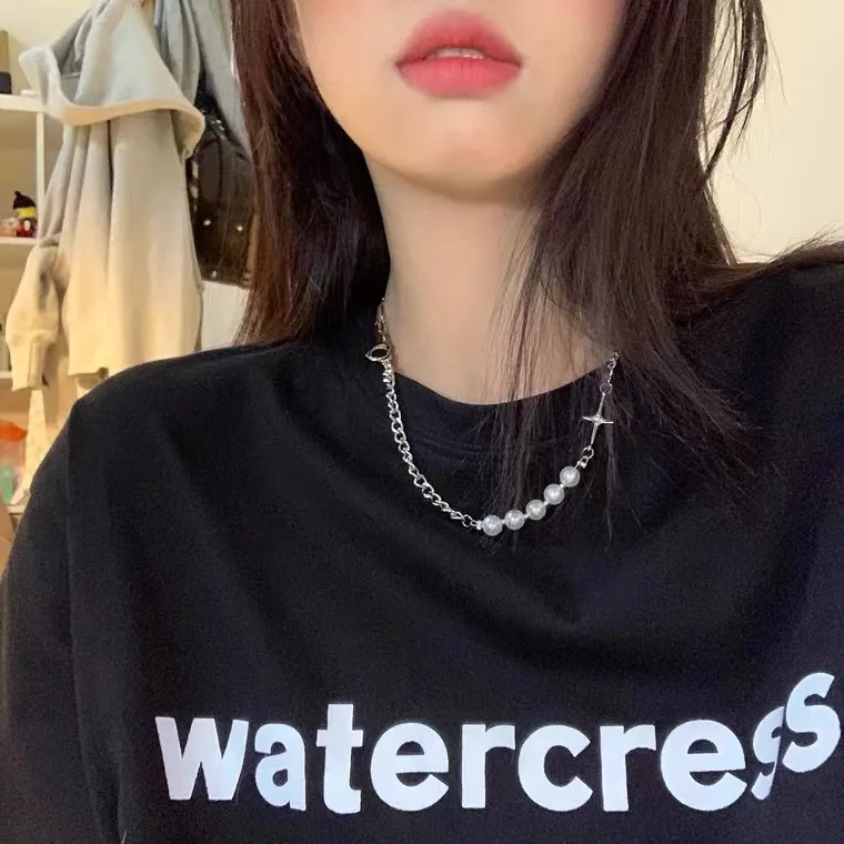 Цепочка на шею с жемчугом женская ассиметричная двухслойная цепочка в стиле