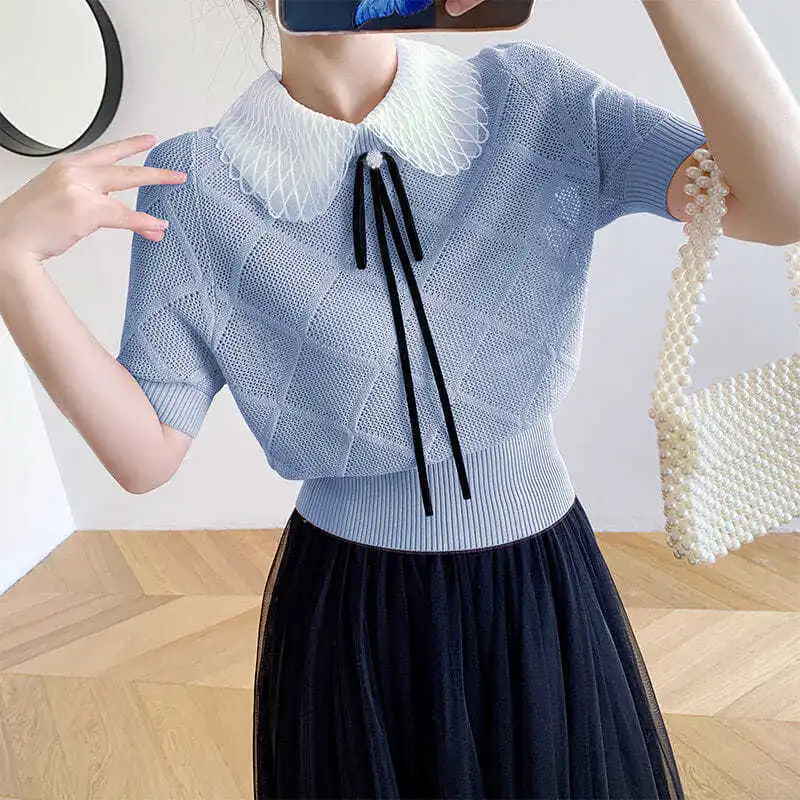 

Streetwear Women Tops Y2k Top Korean Peter Pan Collar Lace Patchwork Bow Tie Short Sleeve Knit T Shirt Harajuku Clothing Pink