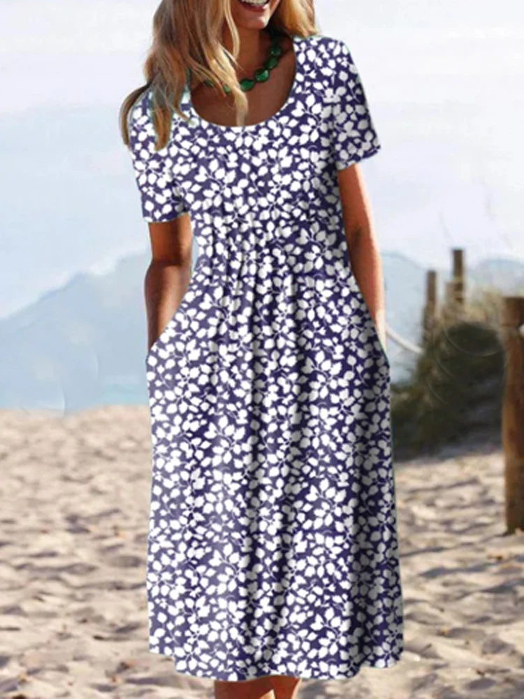 

Женское винтажное пляжное платье с цветочным принтом, элегантное праздничное платье Бохо с круглым вырезом и карманами, офисное платье мид...