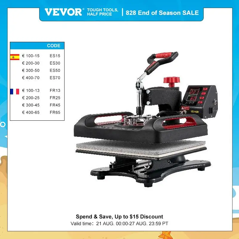 

VEVOR 5/8in1 15x15"/12x15" Dual-tube Heating Insulation Cotton Heat Press Sublimation Machine 360° Swing Design for T-shirts Etc