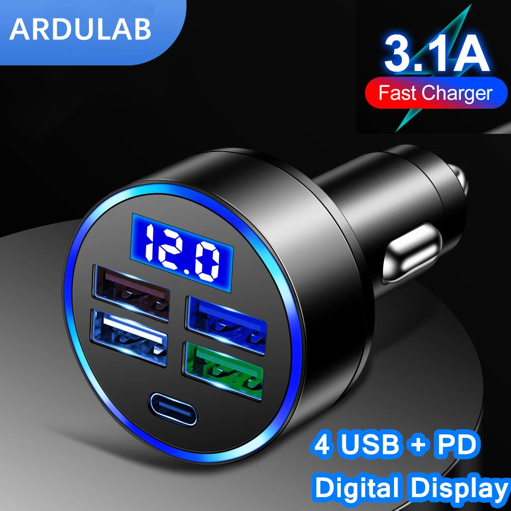 

4 Ports USB PD Car Charger 3.1A Fast charging For iPhone 13 12 Huawei P40 Xiaomi Samsung Mobile Phone Charger Adapter in Car