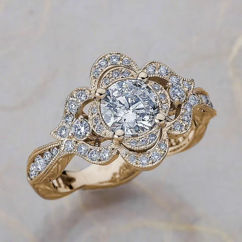 

Classic Hollow Out Flower Floral Shaped Ring Inlaid Shiny Rhinestone Zircon Gold Silver Plated Women's Fashion Jewelry