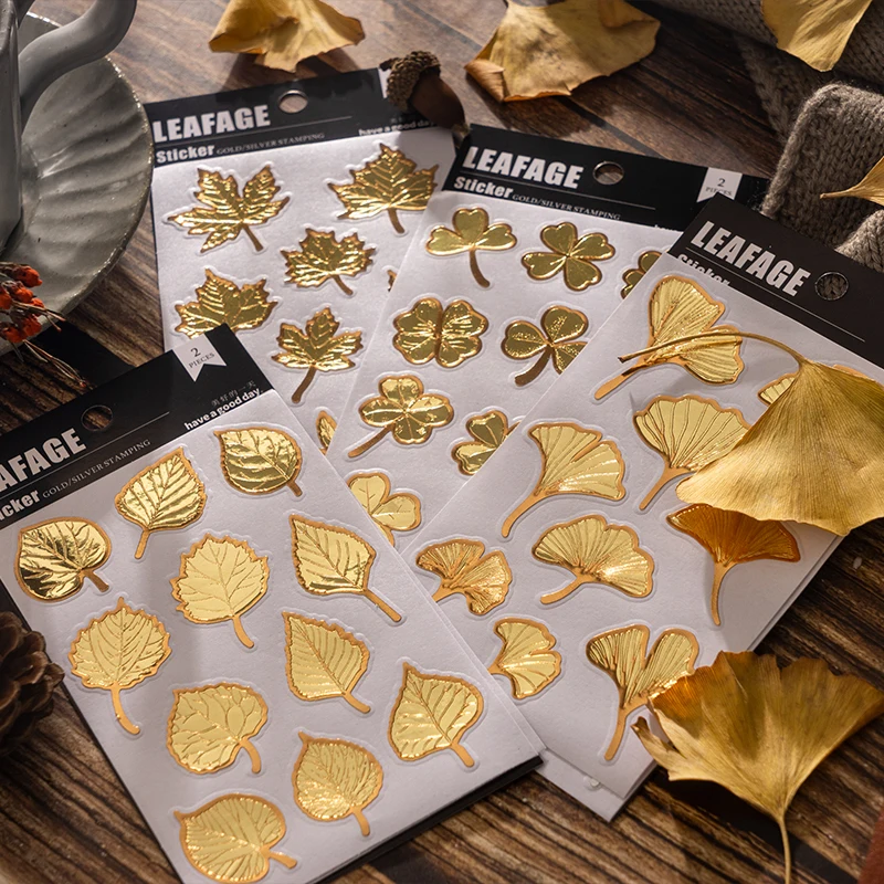 

2Sheets Golden Bronzing Decorative Stickers Silver Ginkgo Leaf Maple Basic Paper Grass Account Yellow Sticker Material 161*91MM