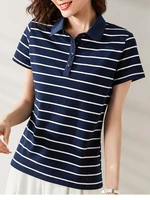 2022 summer turn down collar t shirt women short sleeve top striped tshirt cotton button tshirts korean woman clothes camisetas