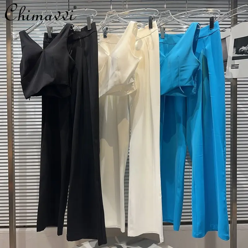 

Ladies Two-Piece Set 2023 Summer Fashion Solid Color Cross Vest High Waist Slim-fit Wide Leg Casual Pants Elegant Outfit Women