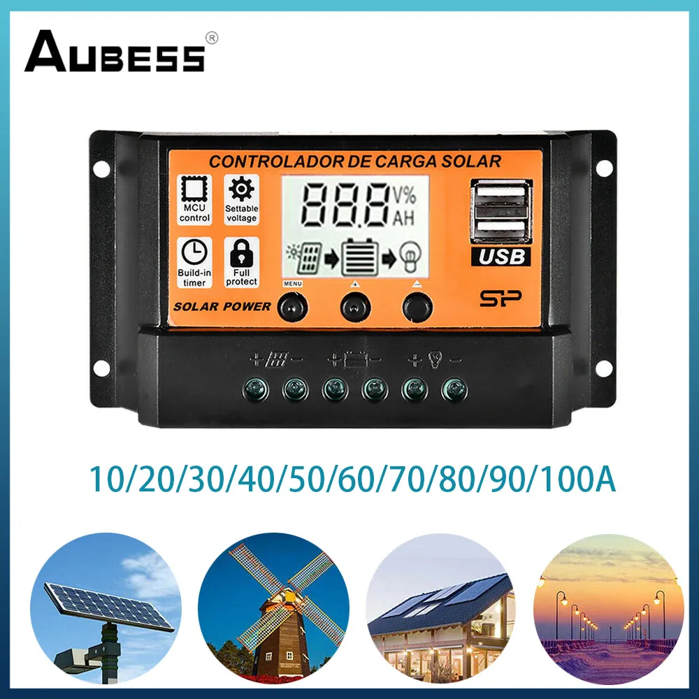 

Solar Panels Battery Charge Controller LCD Screen Solar Controller With Dual USB Outpu Protect 10/20/30/40/50/60/70/80/90/100A