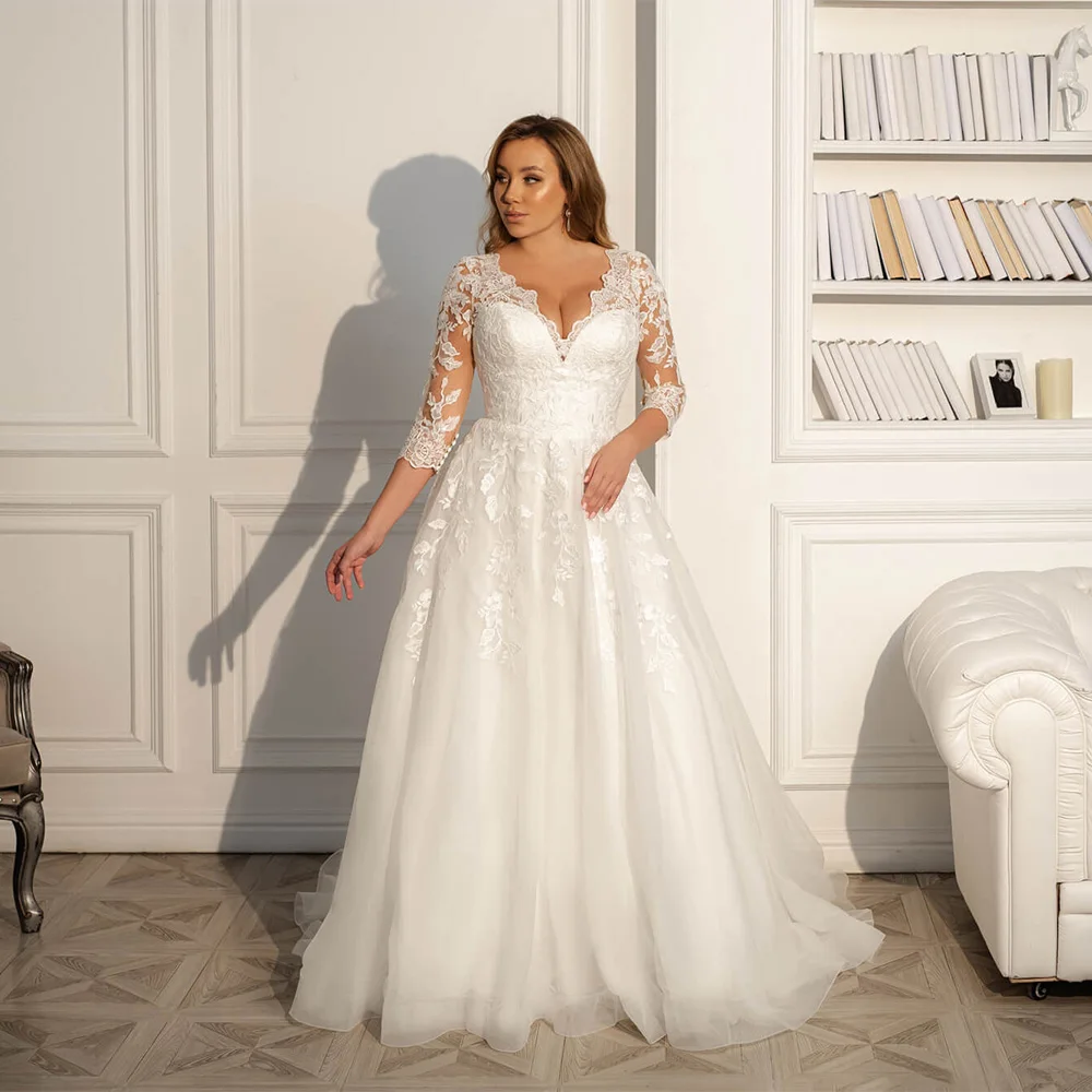 

Classic V Neck Wedding Dress 2022 3/4 Lace Sleeves Applique A Line White/ Ivory Tulle Bridal Gown Wedding Dresses Plus Size
