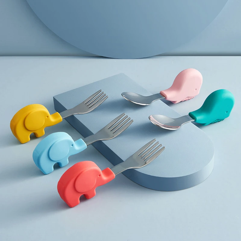

2Pcs Baby Silicone Tableware Sets Stainless Steel Spoon Fork for Toddler Utensil Dinnerware Cartoon Infant Feeding Spoons Forks