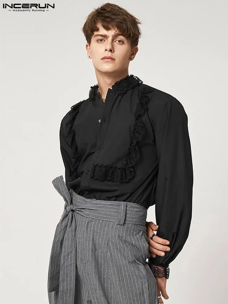 Casual Fashion Style Tops INCERUN Men Lace Stitching Design Sense Blouse Handsome Male Solid All-match Long-sleeved Shirts S-5XL