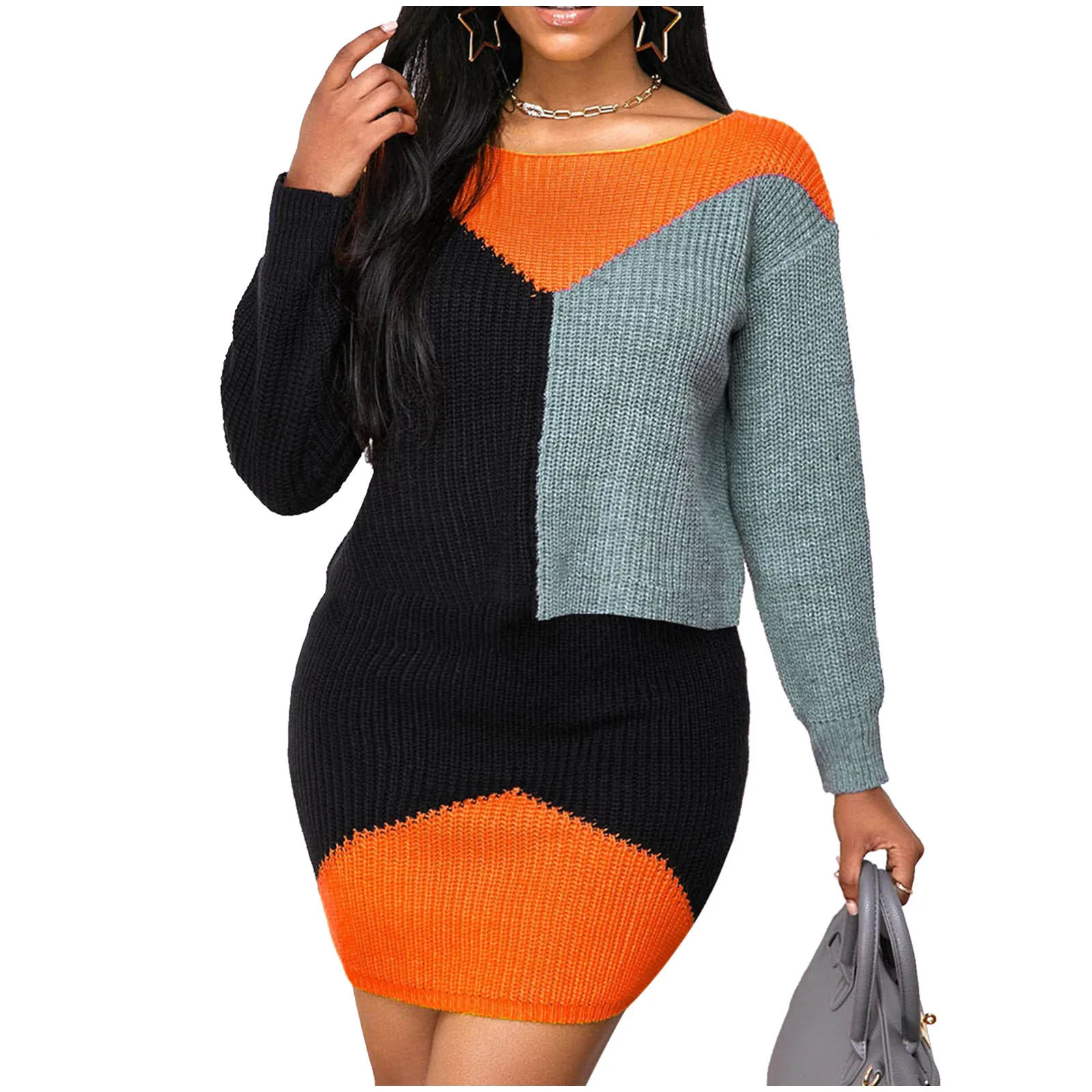 

Ladies Casual Sweater Dress Round Neck Long Sleeve Loose Strap Mini Sweater Dress Women's Summer Dresses with Pockets