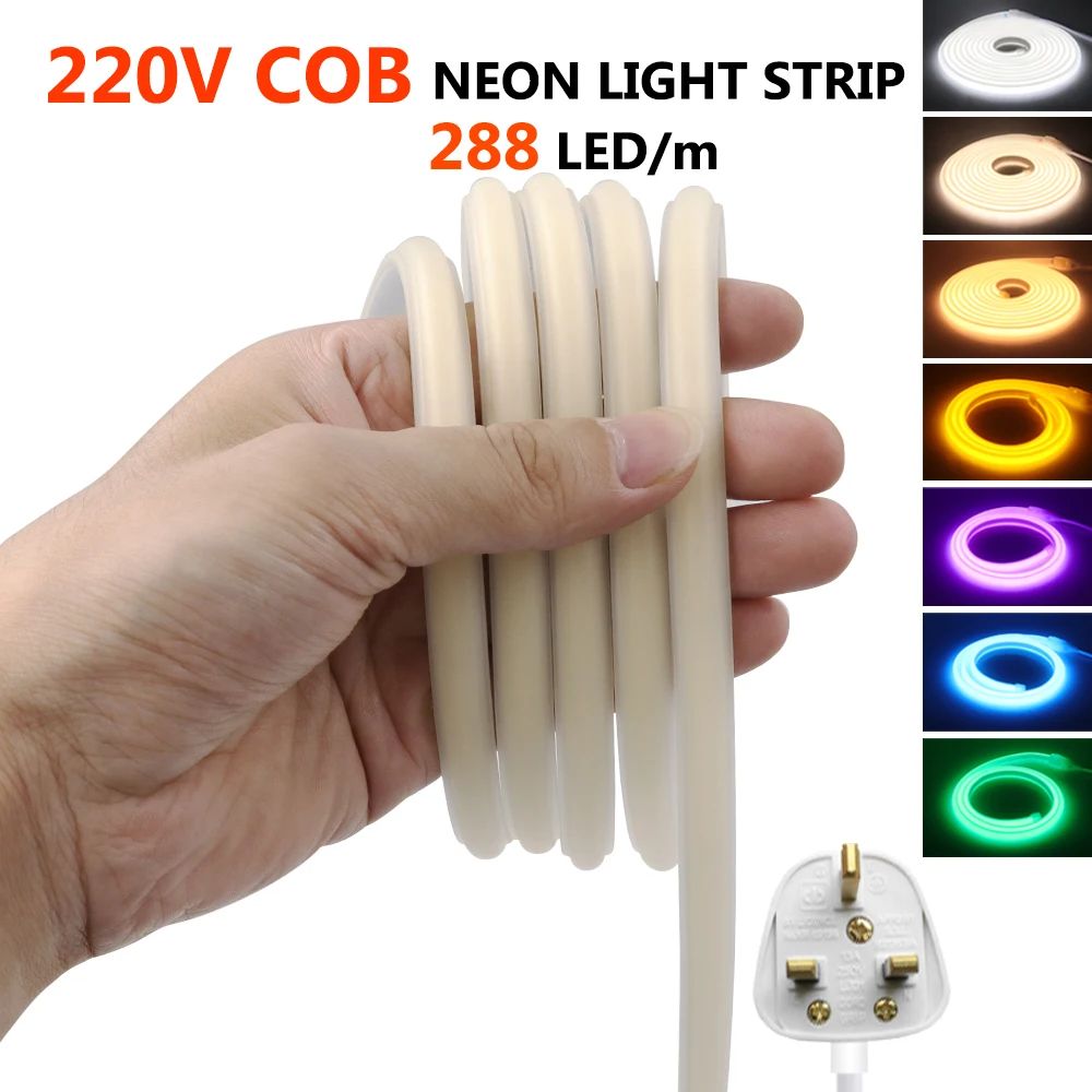 

220V COB LED Strip Neon Light 288 LEDs/m UK Plug Flexible Red Blue White Pink 10M/20M/35M Kitchen Outdoor Garden Decor COB Light