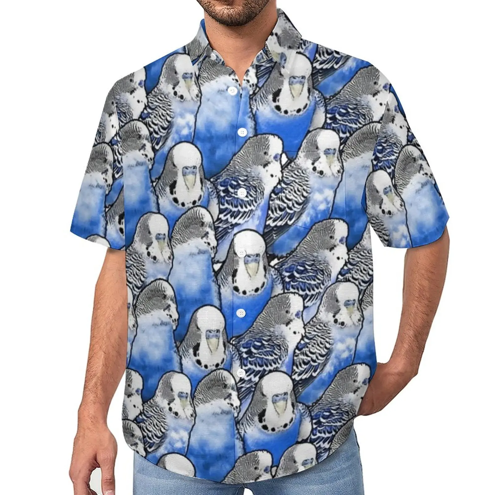 

Cool Parrot Blouses Men Budgie Blue Pattern Casual Shirts Summer Short Sleeve Aesthetic Oversize Vacation Shirt Gift Idea