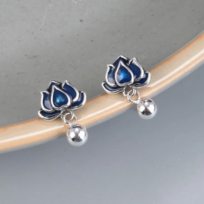Серьги-гвоздики из серебра 925 пробы с синим цветком лотоса для женщин свежие