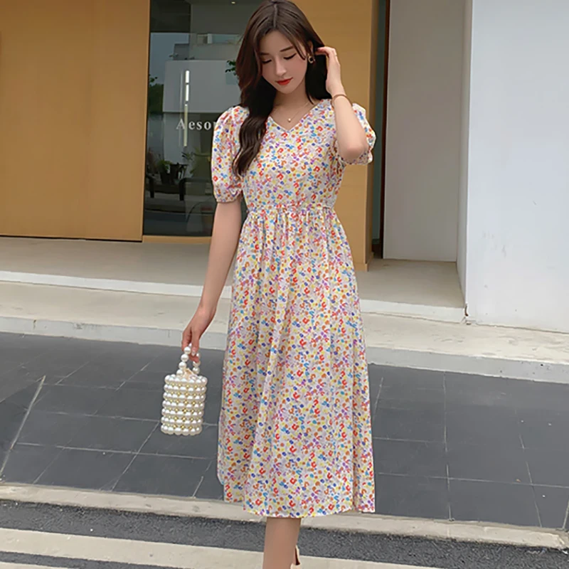 

2023 Floral Chiffon Short Sleeve V-Neck Midi Dress Summer Boho Fashion Casual Beach Sundress Women Elegant Bodycon Party Dresses