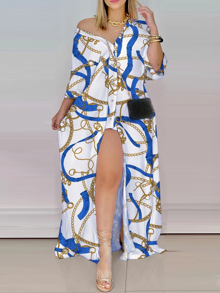 

2022Women Fashionable Shirt-style Button Dress Ladies Casual Long Street Dress Large Size Loose Home Commuter Print Dress Abaya