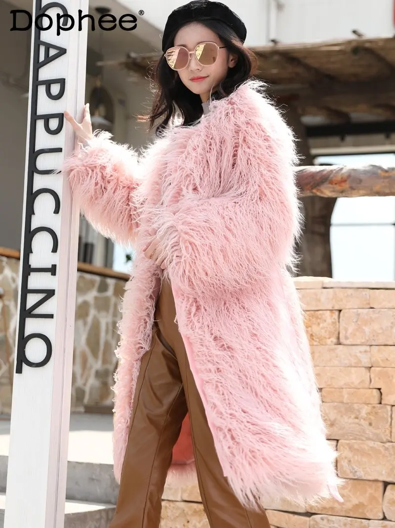 

2022 Winter New Pink Wool Lambswool Faux Fur Coat Women Clothes Belt Slim Fit Thick Warm Long Overcoat Female Plush Furry Jacket