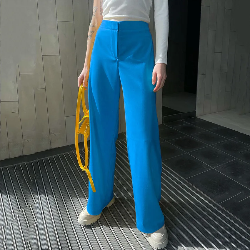

Blue High Waisted Trousers Women Summer Street All-Match Slit Straight Trousers 2022 New Fashion Ladies Casual Long Pants