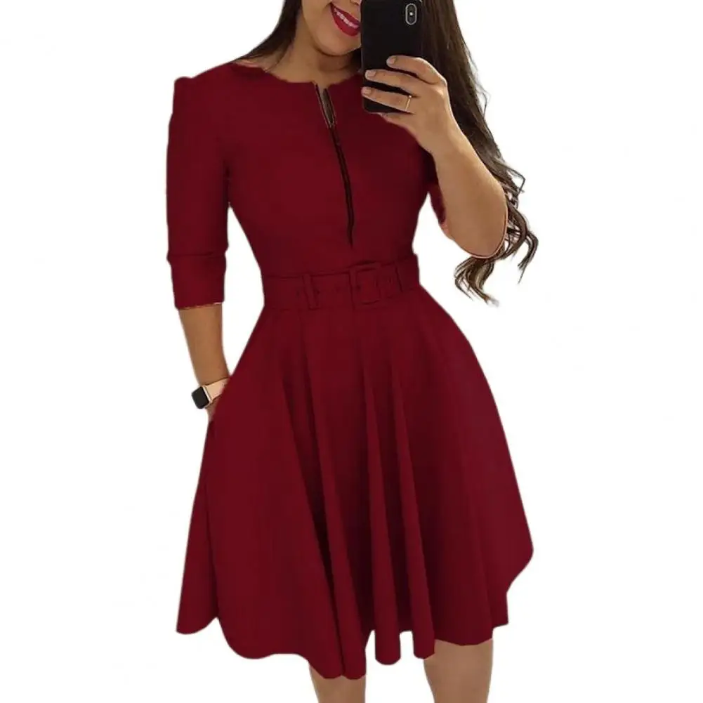 

Zipper Pink Sexy A-Line Dress Women Three Quarter Sleeve High Waist Bodycon Dress Female Fashion Pleated Autumn Party Dress