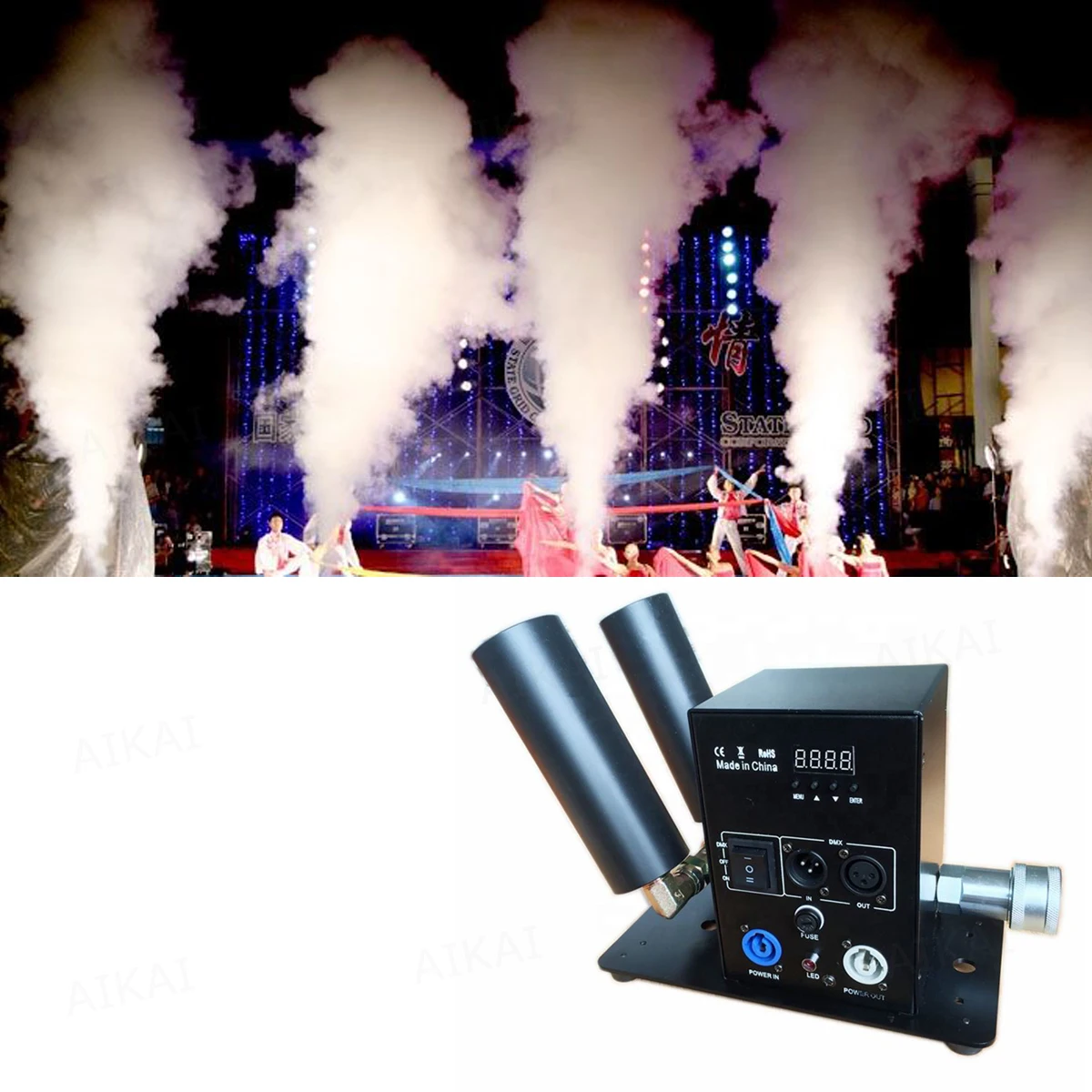 

Double Heads Smoke Fog Machine DMX Control CO2 Carbon Dioxide Gas Column Jet LCD Display for Party Wedding Stage DJ Disco