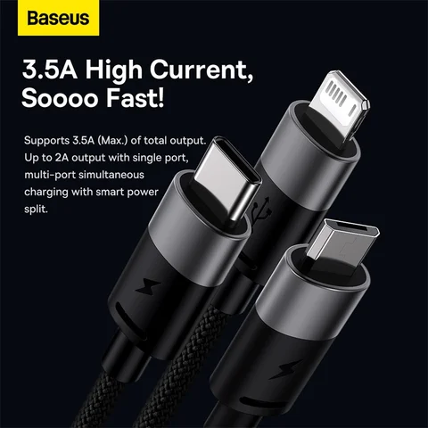 USB-кабель Baseus 3 в 1 для быстрой зарядки iPhone 14 13 12 Pro Max 3,5A Кабель Micro USB типа C для Samsung Xiaomi Redmi Телефонный шнур