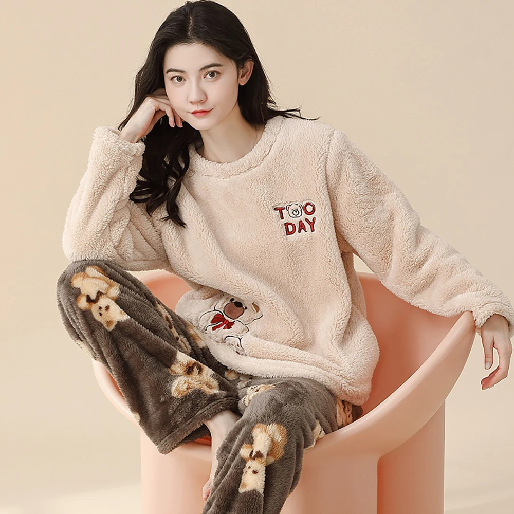 Sweet Cute Cartoon Rabbit Pajama Sets Winter Warm Thicken Flannel Pajamas for Women Casual O Neck Sleepwear Elastic Pijama Pants