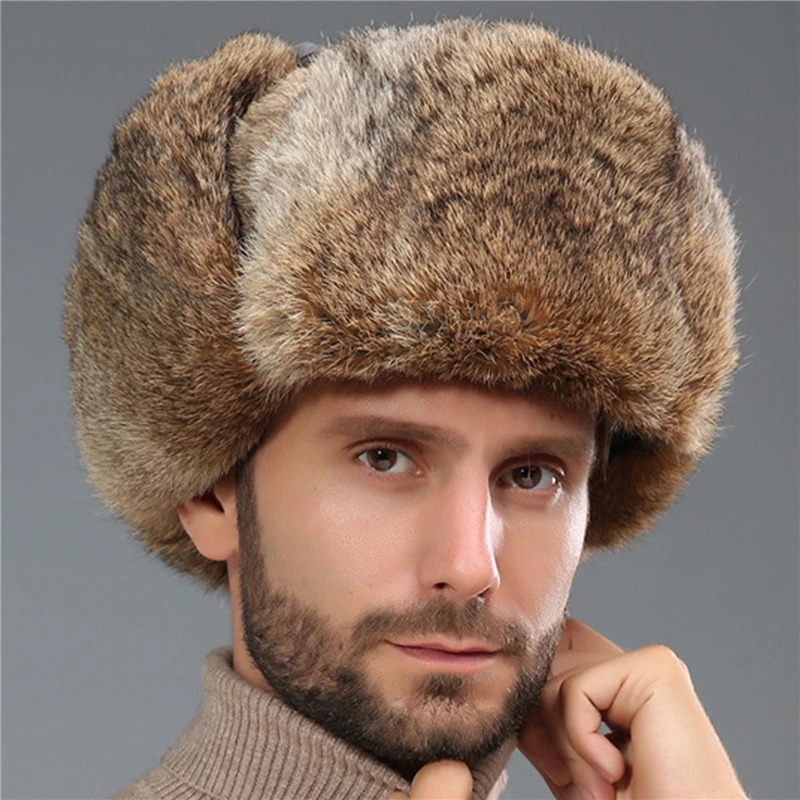 Men Snow Caps Rabbit Fur Hat Winter Fur Hat Thickened Warmth And Cold-proof Outdoor Cotton Ear Cap Rabbit Fur Cap Earflap