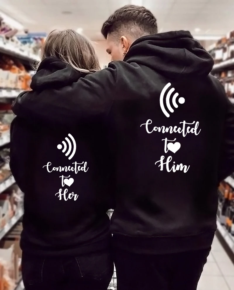 

Couples Hoodies Sets Connected Wi-fi Her and Him Print Women Men Couple Hoodies Long Sleeved Hoodies Lover Hooded Sweatershirt