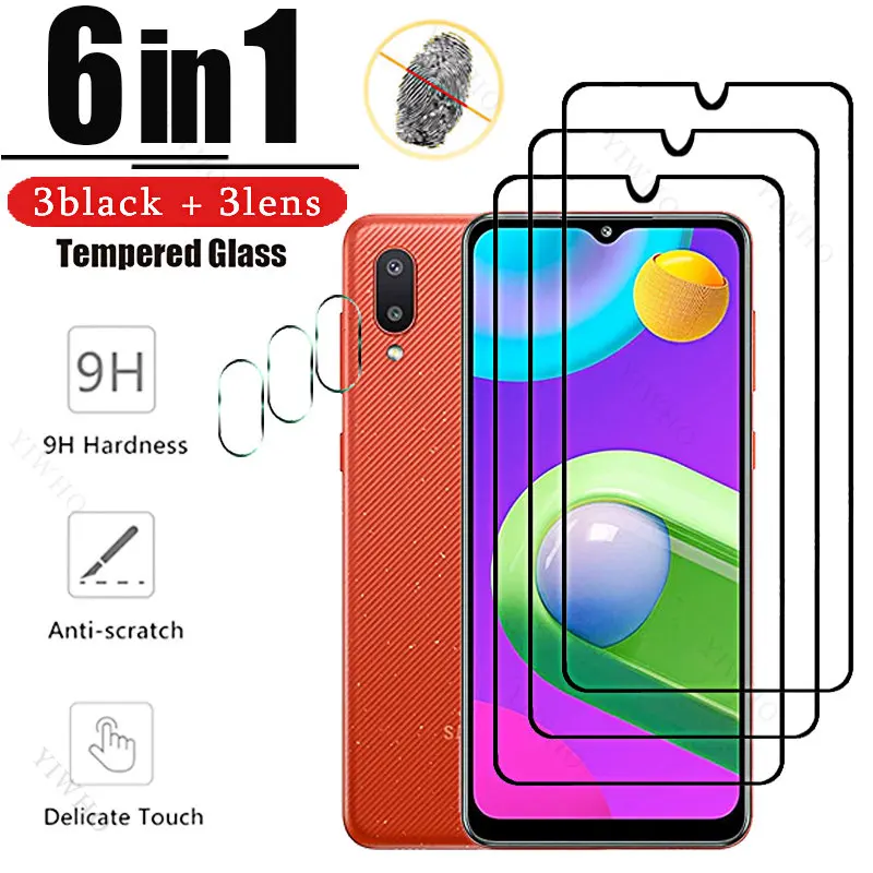 6 в 1 для Samsung Galaxy M02 полное покрытие закаленное стекло черное HD для Sumsung M 02 6,5 дюйма SM-M022F защита экрана прозрачный объектив Cmaera