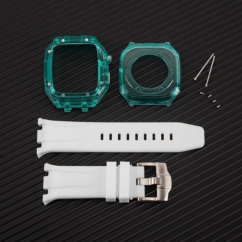 Luxury Transparent Plastic Mod AP Case Modification Kit Silicone Band For Apple Watch 8 7 6 5 4 SE Rubber Sports Strap 44mm 45mm