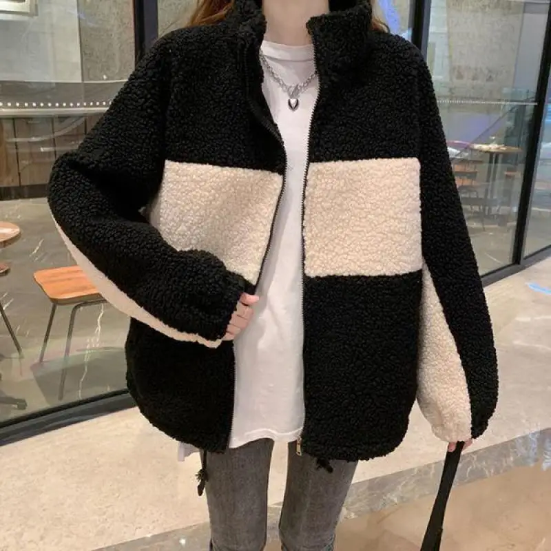 

Winter Korean Version Of Lamb Fleece Plus Velvet Thickened Women's Hoodie Coat All-match Loose Stand-up Collar Casual Sweatshirt