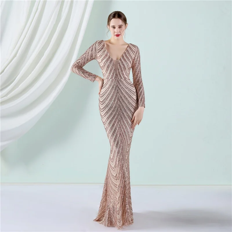 

Evening dress women's new banquet long sleeve Sequin fishtail skirt