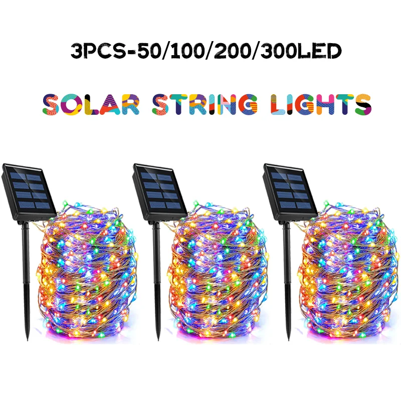 

50/100/200/300LED Solar LED Fairy Lights Outdoor Waterproof Light Chain 8Mode For Patio Decoration Garland Thread Battery Lights