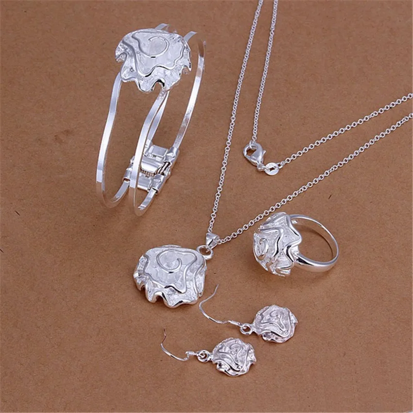 

925 Sterling silver fine rose flower pendant bangle Bracelet necklace rings earrings Jewelry set for women Fashion Party gifts