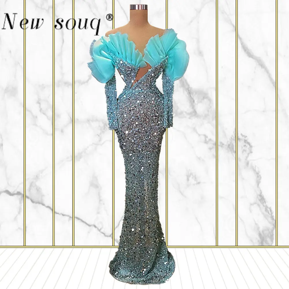

Ruffles Blue Off Shoulder Mermaid Sequins Evening Dresses Sparkly Long Girls Prom Gowns Formal Dress for Women Wedding Party