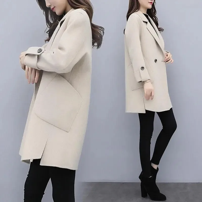 

New Autumn Winter Woolen Coat Women Fashion Mid-Length Blended Wool Jacket Korean Slim Outwear Female Windbreaker Overcoat B010