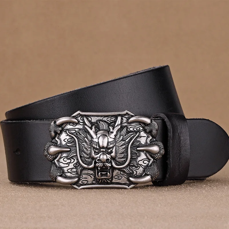 (Ta-weo) Men's Cowhide Retro Belt, Dragon Head Alloy Smooth Plate Buckle Casual Belts