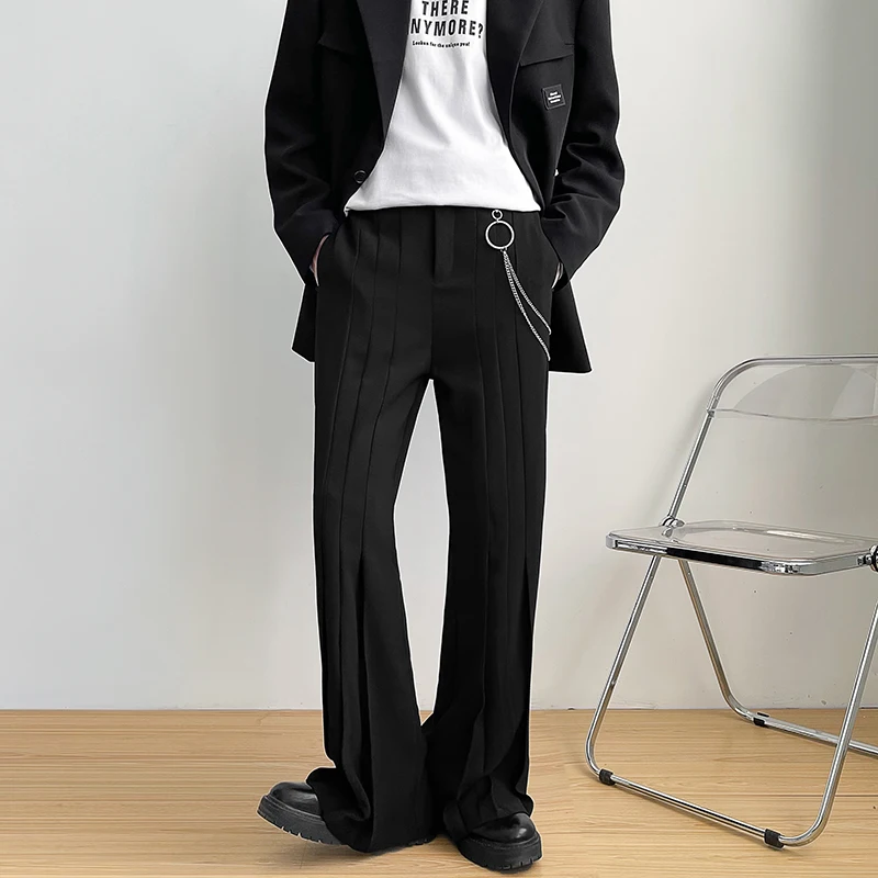 Men's Loose Casual Straight Trousers Spring Chain Decoration Pleated Design Fashion Trend Shows Thin And Wide Leg Mops