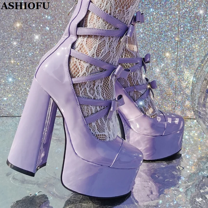 

ASHIOFU Handmade New Stock Sale Womens Chunky Heel Boots Bowties Sexy Platform Real Photos Ankle Booties Fashion Prom Club Shoes