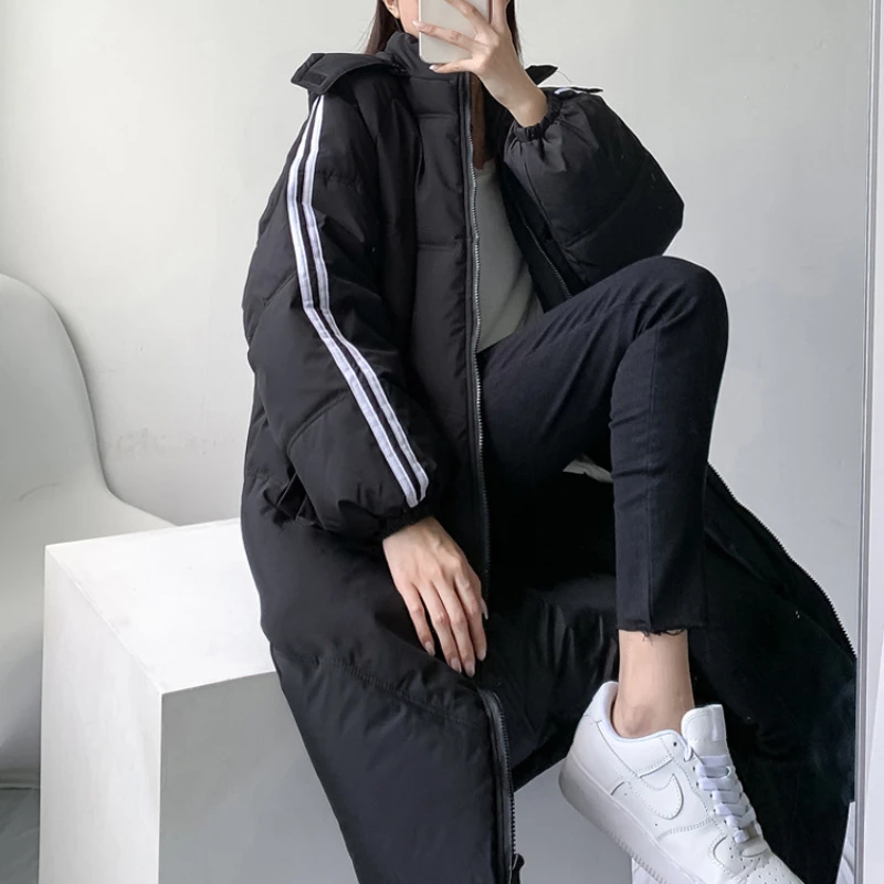 Women Winter Korean Retro Fashion Casual Hooded Over-the-knee Thick Western-style Jackets Mid-length Overcoats Coats Down Padded