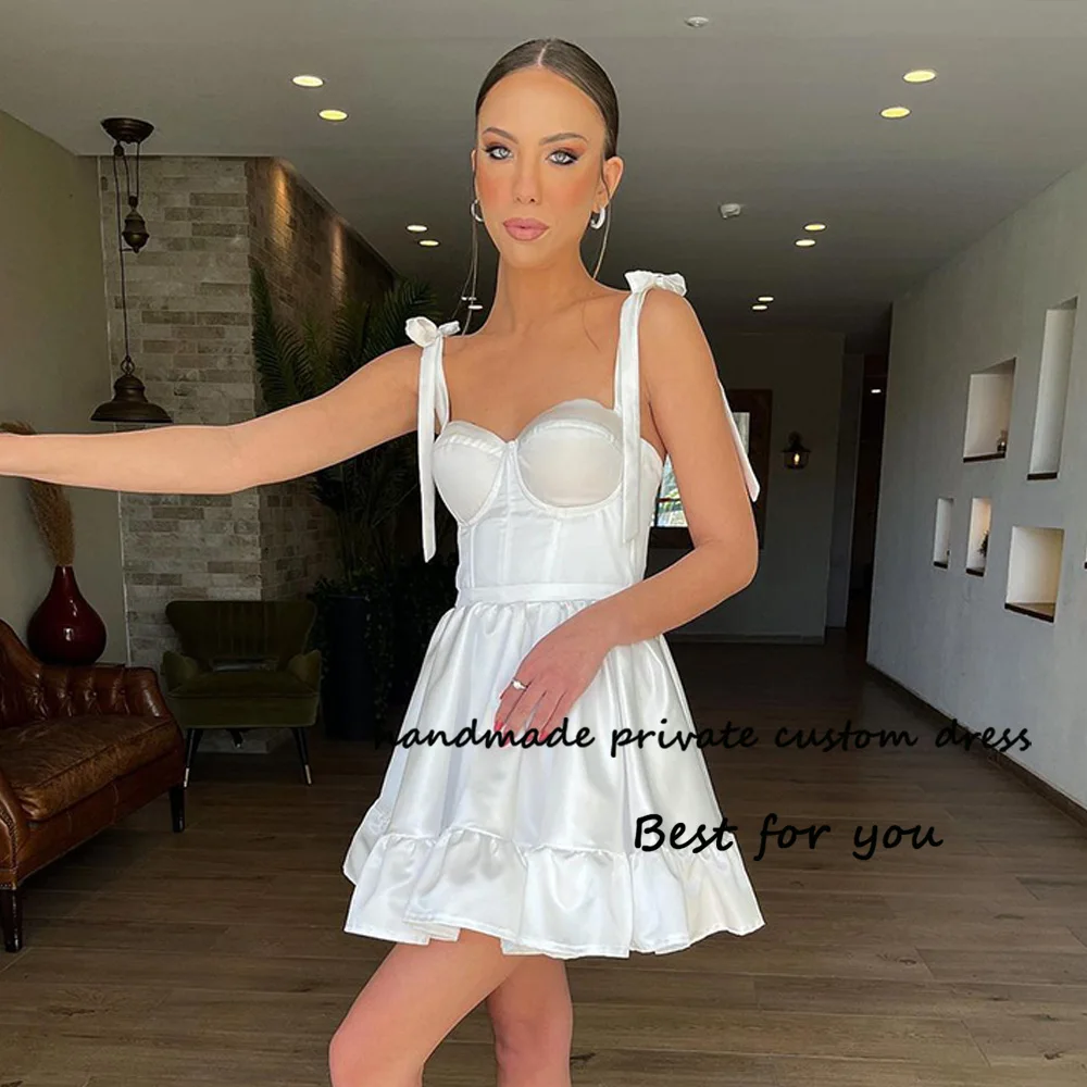 

Simple Short Wedding Party Dresses Bow Straps Corset Sweetheart Tiered Satin Bridal Gowns Above Knee Bridesmaid Dress