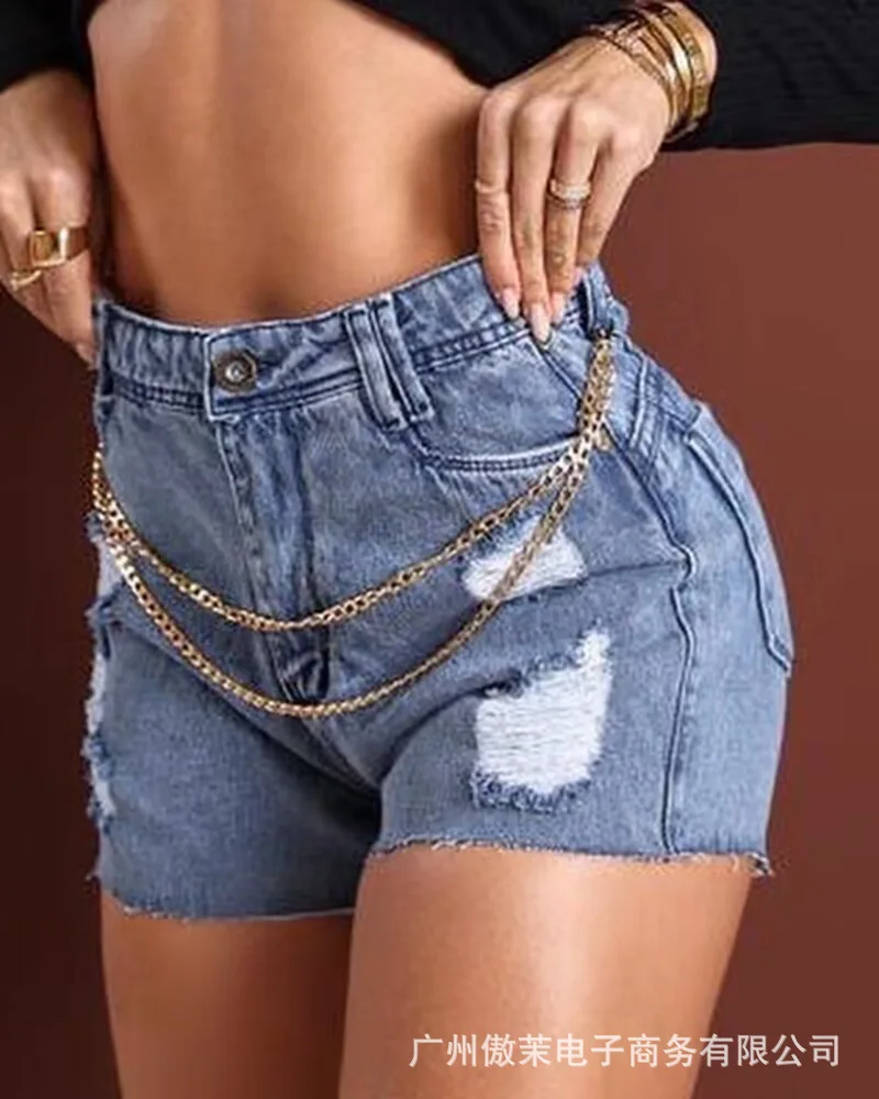 

Женские рваные джинсовые шорты с цепочкой, модные повседневные узкие короткие брюки с завышенной талией, с дырками, бойфренды для женщин, на лето