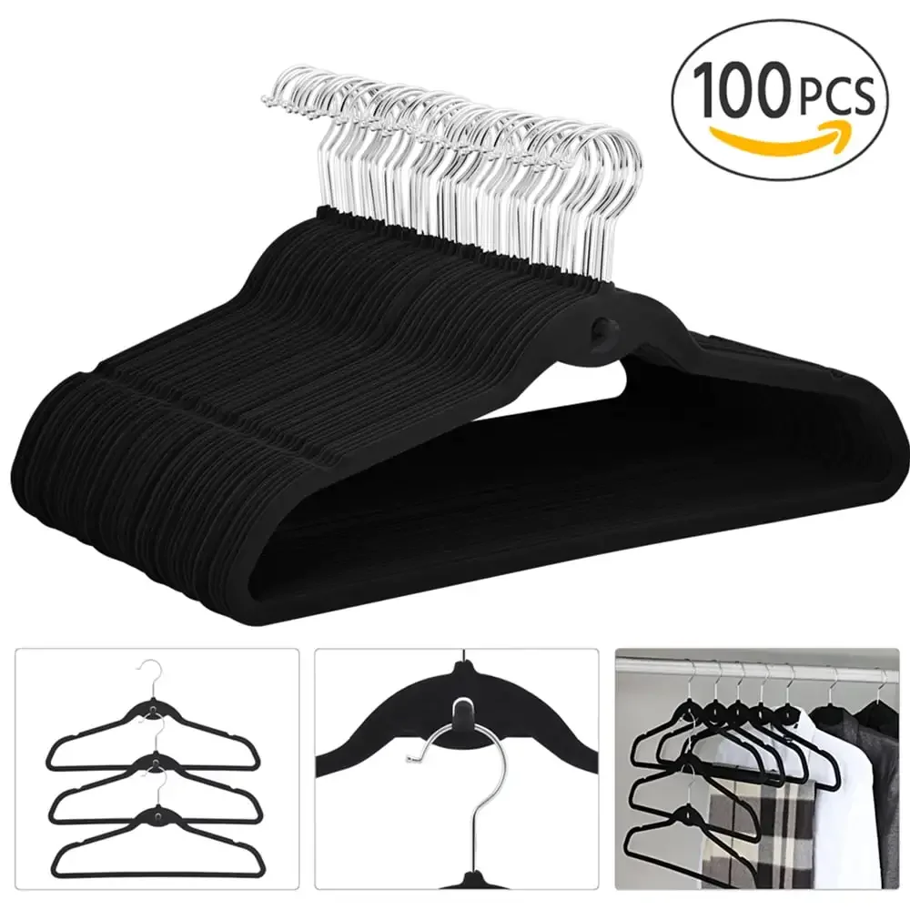 

Easyfashion Non Slip Velvet Clothing Hangers, 100 Pack, Black