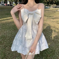2022 summer new dress women sleeveless hollow out floral white bow mini dress casual female cute sundress french dress vestidos