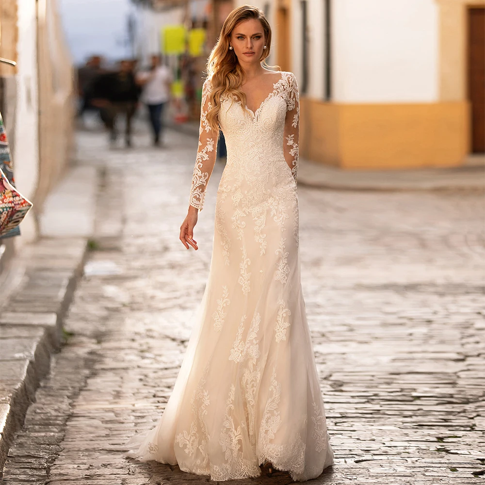 

Elegant Wedding Dress V Neck Illusion Long Sleeves Sweep Train Mermaid Wedding Gown Trumpet Buttons Lace Applique Bridal Dresses