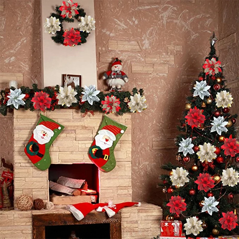 

5Pcs Set 9-16cm Christmas Glitter Artifical Flowers Xmas Tree Ornaments Merry Christmas Decorations for Home New Year Gifts
