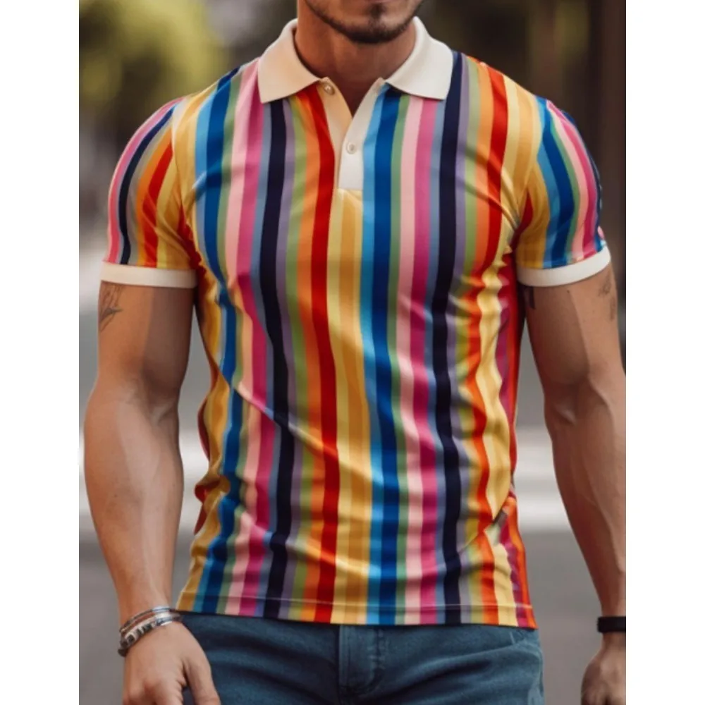 

Fun Men's Polo Shirt 3D Rainbow Stripe Print Retro Summer Men's Polo Collar Button Top Polo Shirt Plus Size Men's Casual Wear